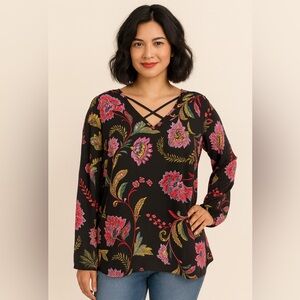 NWT Spense Black Pink Floral Blouse M Criss Cross Straps Boho Relaxed Fit Flowy